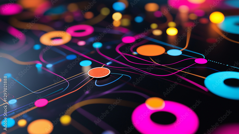 Poster abstract digital design with colorful data points and lines, creating a vibrant futuristic network o