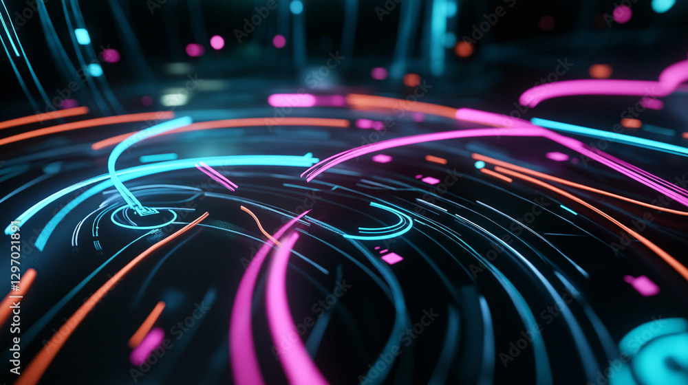Poster a close-up of glowing neon lines in bright colors swirling in a dynamic abstract pattern.