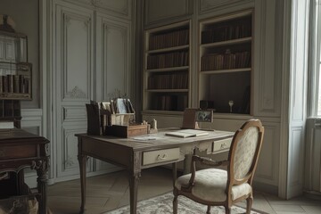 An elegant vintage study with a desk and bookshelf setup