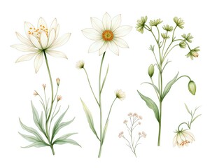 Delicate botanical illustrations of charming white flowers