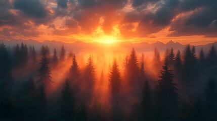 Fototapeta premium Witness the Enigmatic Dawn Unfolding in the Tranquil Carpathian Forest, Surrounded by Nature's Wonders