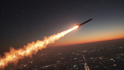Fototapeta premium Dramatic hypersonic missile streaking through night sky towards city fiery trail blazing behind Bold powerful military concept