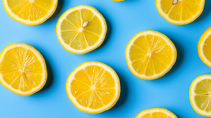 Obraz premium Sliced lemons arranged on a blue background, creating a fresh and vibrant visual of citrus fruit.