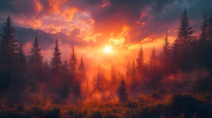 Fototapeta premium Witness the Enigmatic Dawn Unfolding in the Tranquil Carpathian Forest, Surrounded by Nature's Wonders