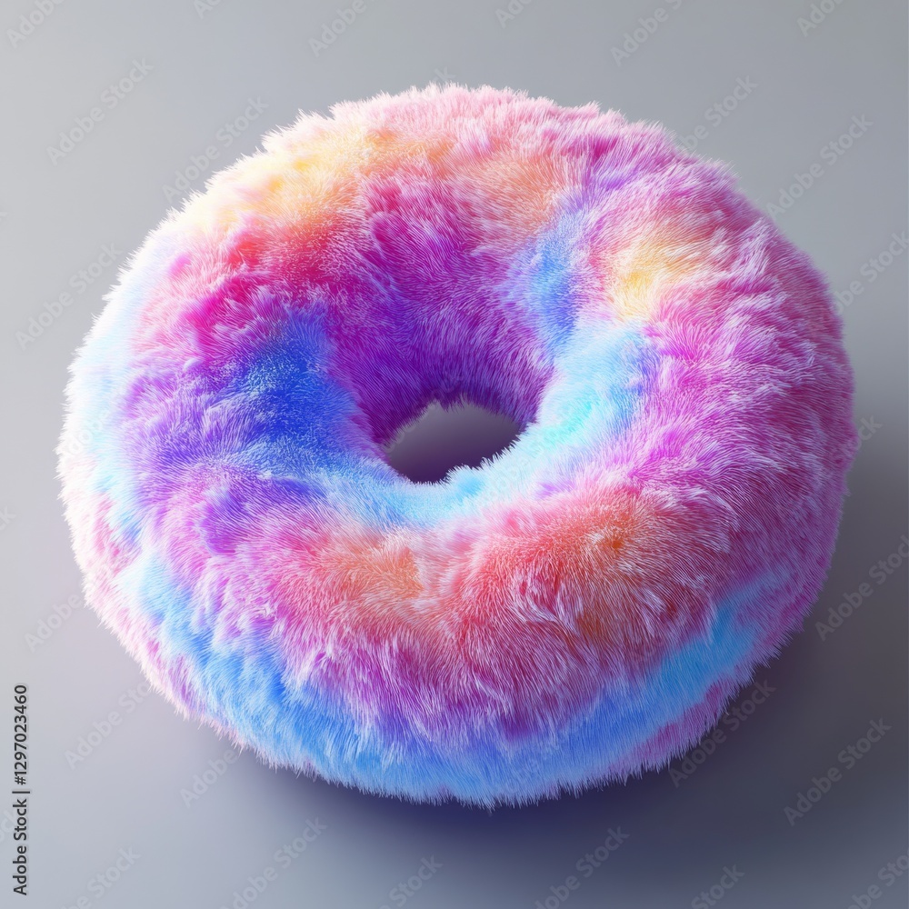 Poster colorful furry donut: abstract digital art rendering of a textured doughnut with fluffy colorful thr