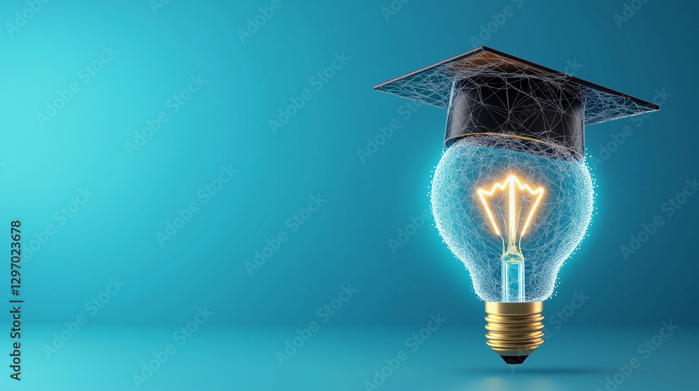 Poster a lightbulb with a graduation cap, featuring a glowing filament and digital network patterns, symbol