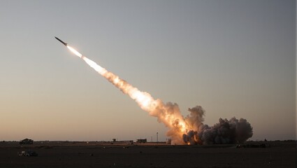 Powerful missile soaring through the sky leaving a trail of smoke as it races towards a distant target Dynamic and intense military concept