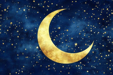 Naklejka premium Golden Crescent Moon Night Sky Celestial Stars Background art dark blue navy space image