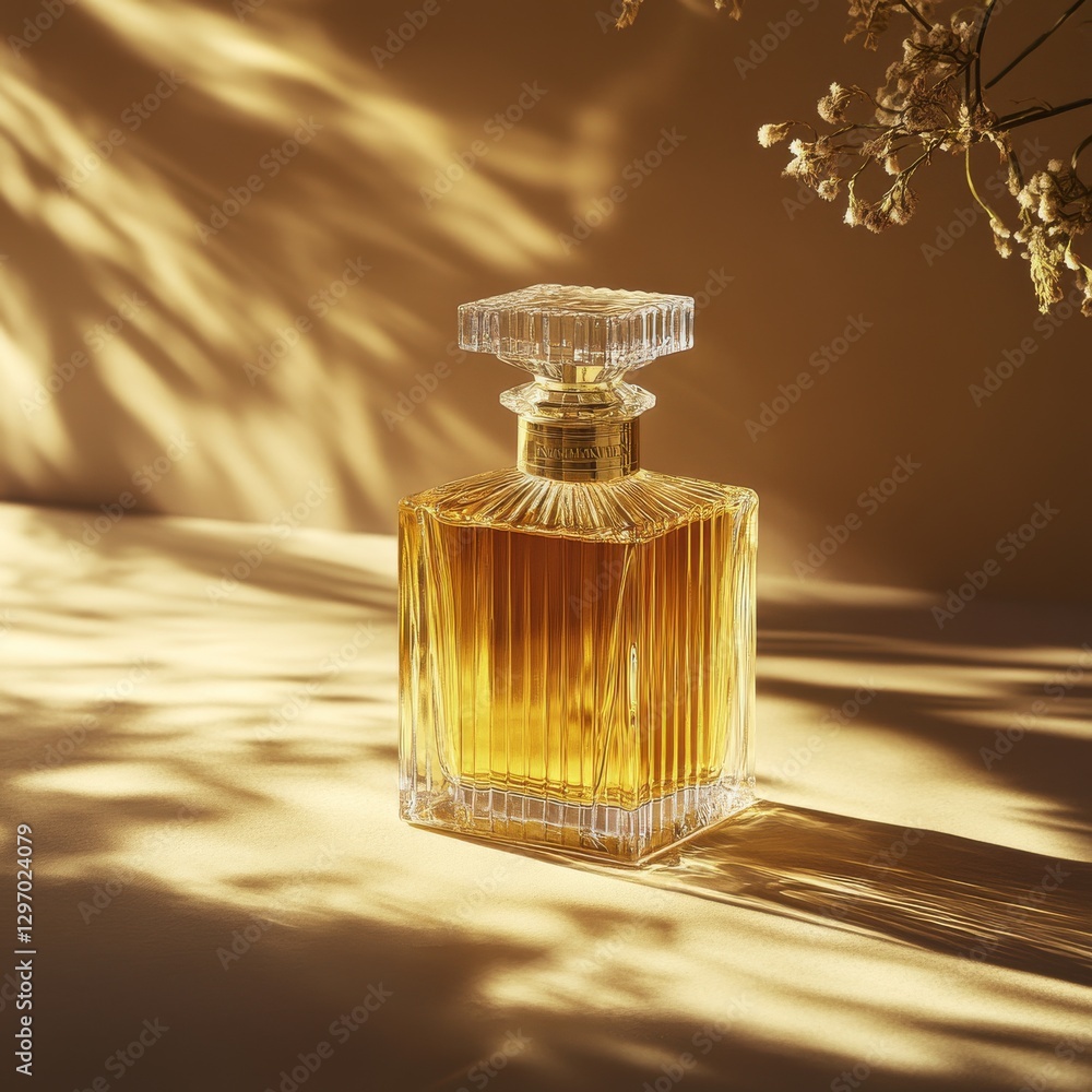 Poster elegant perfume bottle on golden background with floral accent and striking shadow patterns
