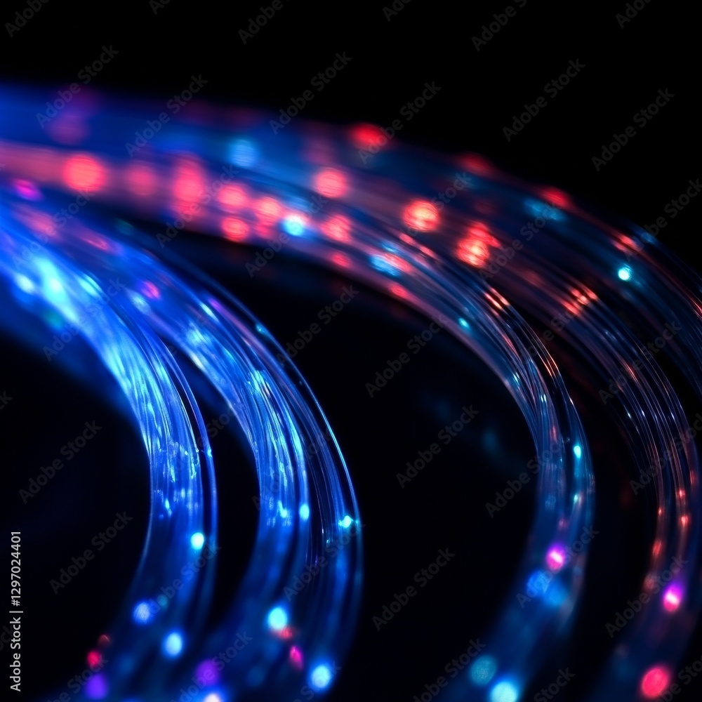 Poster illuminating fibers: a dance of blue and red lights on a dark background of high-tech communication 