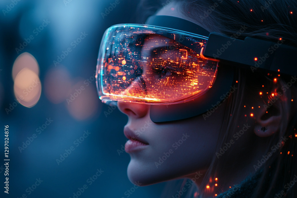 Poster advanced futuristic holographic human profile rendered in digital light with a sci-fi cybernetic int