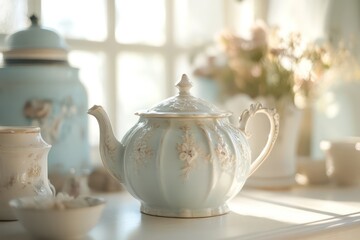 A decorated teapot and various ceramics sitting on a surface