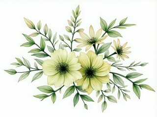 Elegant floral arrangement with soft yellow flowers and lush greenery