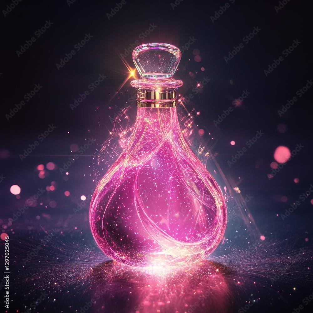Poster sparkling pink potion: magical elixir in an ornate bottle with shimmering light and enchanted dust o