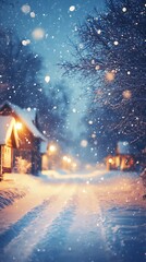 Obraz premium Snowy night village street scene