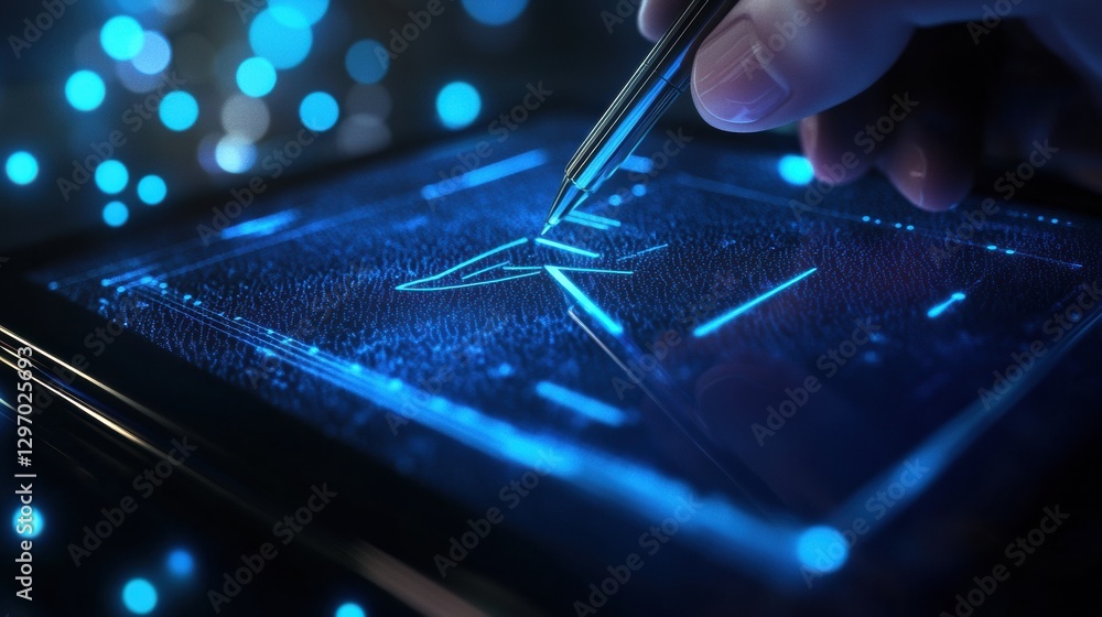 Poster creating a digital design with a stylus on a tablet illuminated by blue lighting effects. generative