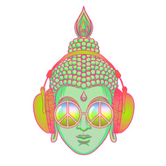 Colorful Buddha in rainbow glasses listening to music in headphones. Vector illustration. Hippie peace sign on sunglasses. Psychedelic mushrooms. Buddhism, trance music. Esoteric art
