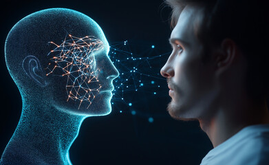 Obraz premium A digital 3D rendering of a human face and a glowing, data-connected artificial intelligence head, showing human-AI interaction.