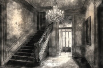 Elegant vintage staircase with chandelier in a dimly lit hall