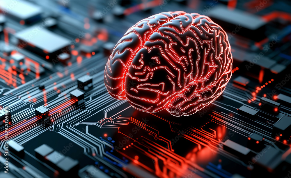 Poster a 3d rendering of a brain with neon circuits glowing on a digital motherboard, symbolizing artificia