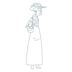 Elderly Lady's Portrait: Line art illustration of an elderly woman with a hat and handbag, evoking a sense of gentle age and quiet contemplation.