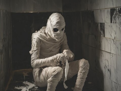 Spooky mummy sitting alone in a dark tiled room - Powered by Adobe