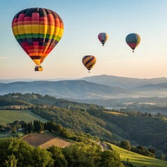 Vibrant hot air balloons soaring over lush hills in a picturesque landscape at dawn