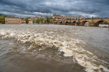 Flood in Prague. View of Prague Castle across the flooding river Vltava, Prague
