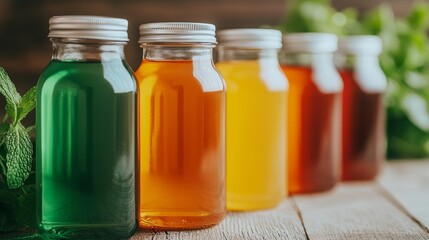 A row of colorful glass bottles filled with vibrant liquids, showcasing a variety of flavors or infusions, set against a rustic wooden backdrop.