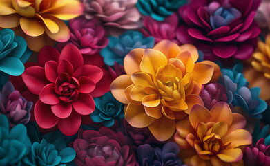 Fototapeta premium A vibrant, colorful composition of paper flowers in various shapes and hues, showcasing a variety of textures.