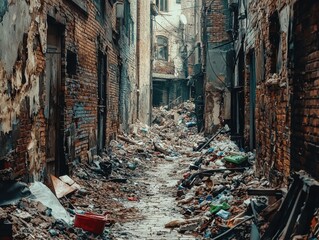 Abandoned urban alleyway filled with debris and crumbling brick walls