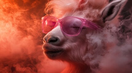 A cool goat wearing funky pink sunglasses basks in a swirling mist of orange and pink hues, blending humor with a bold artistic vision that celebrates individuality and style.