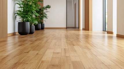 A modern hallway featuring wooden flooring and potted plants, with large windows allowing natural light to illuminate the space.