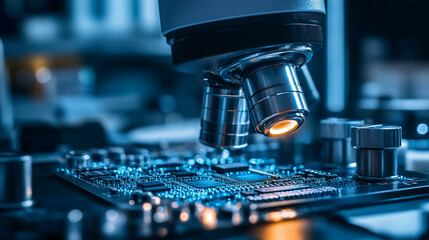 Close-up inspection of microchips in a high-tech lab with metal instruments, highlighting precision, innovation, and advanced technology in the field of electronics and microengineering.

