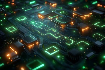 Obraz premium Abstract background with neon green and blue circular patterns, featuring futuristic digital aesthetics, glowing elements, and a high-tech cyber-inspired design for modern visuals and immersive experi