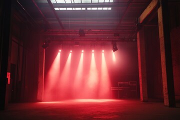 techno party set in an old factory with exposed brick walls, steel beams, and intense lighting, minimal background with copy space
