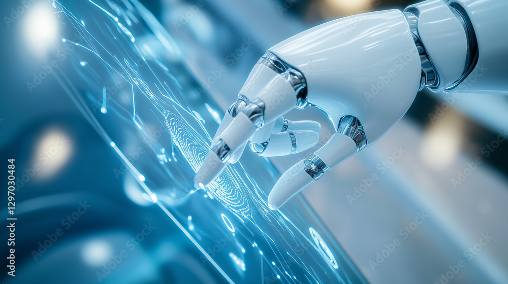 Poster a humanoid robot's hand interacting with a glowing digital interface, symbolizing advanced ai, techn