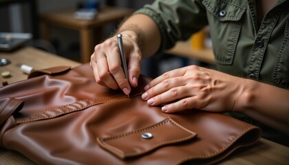 Obraz premium Person sewing brown leather bag on wooden table