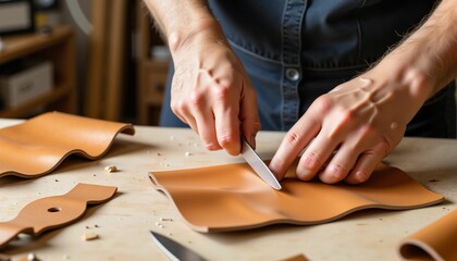 Person crafting leather pieces on workshop table