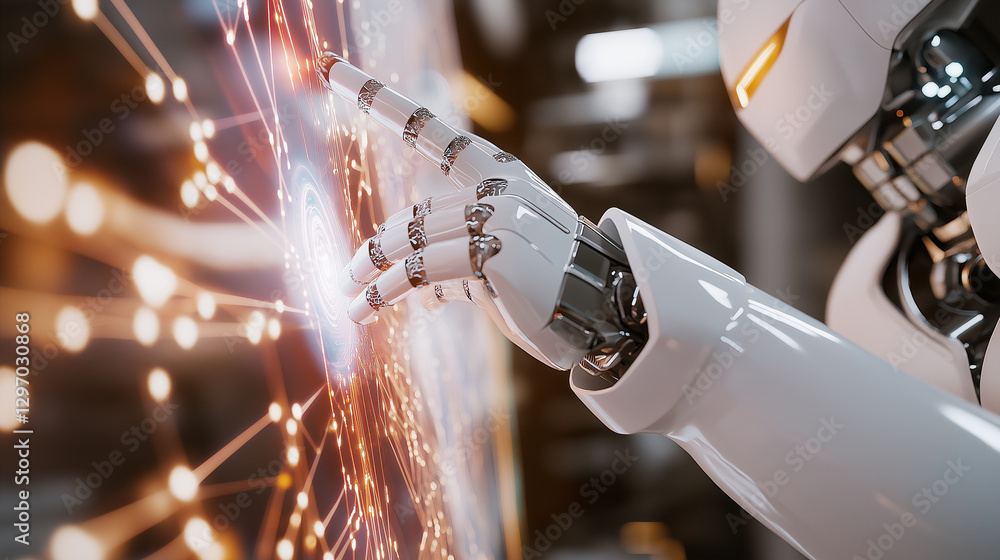 Aufkleber a humanoid robot interacting with a glowing data interface, symbolizing the integration of ai, digit