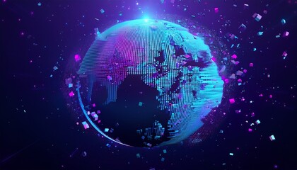 거대한 행성이 픽셀처럼 해체되며 입자로 퍼지는 장면