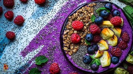 smoothie bowl made with roasted eggplant and other superfoods, topped with granola, chia seeds, and fresh berries. The vibrant colors of the toppings contrast beautifully with the eggplant base. 