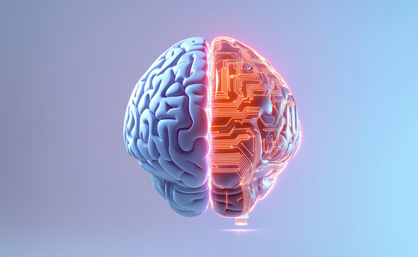 A split brain, half organic and half digital, symbolizing the merger of human cognition and artificial intelligence in technology.