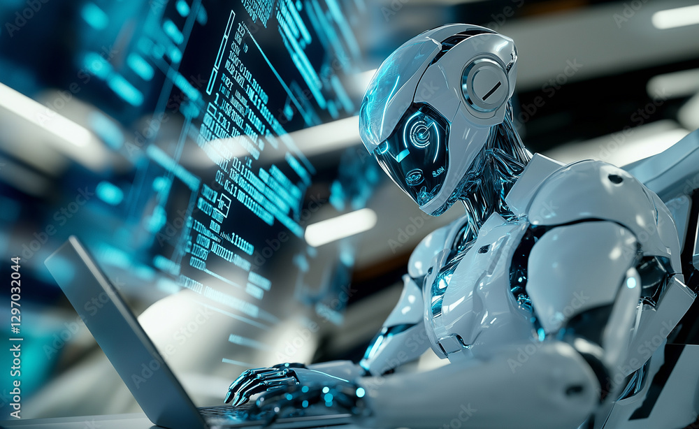 Poster a humanoid robot interacting with glowing data, symbolizing ai-powered technology, digital interface