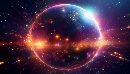 거대한 행성이 픽셀처럼 해체되며 입자로 퍼지는 장면