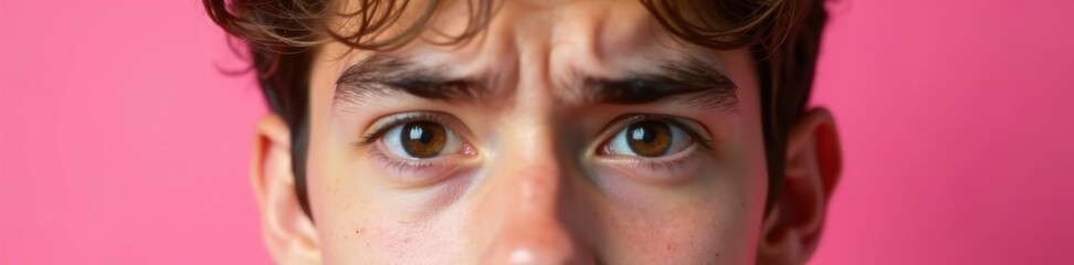 Close-up portrait of irritated young adult, eyebrow raised, pink backdrop , generation z, frown