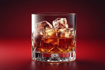 Beverage served in a crystal glass with ice cubes on a red background creating an elegant and rich atmosphere