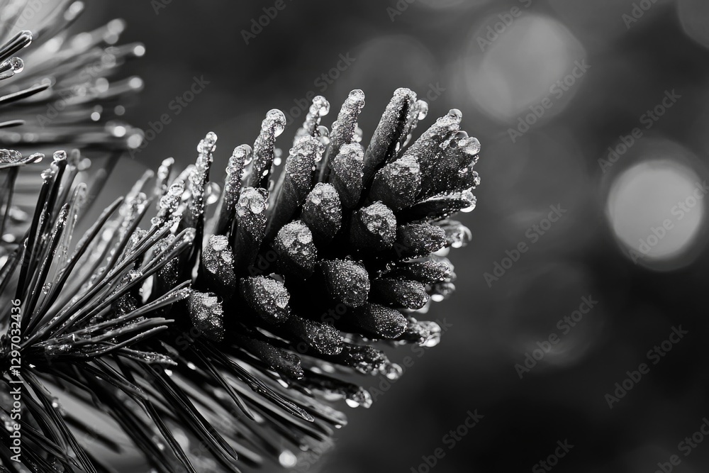 Poster a detailed view of a pine cone attached to a tree branch