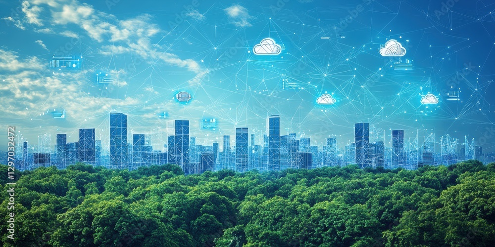 Poster visualizing smart city dynamics urban areas interactive maps digital environment innovative concepts