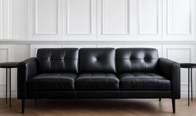 Fototapeta premium Black leather sofa in elegant room; modern interior design; furniture; home decor
